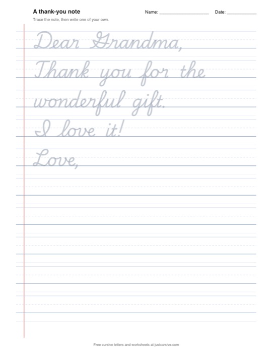 Words pack page: a thank-you note to trace