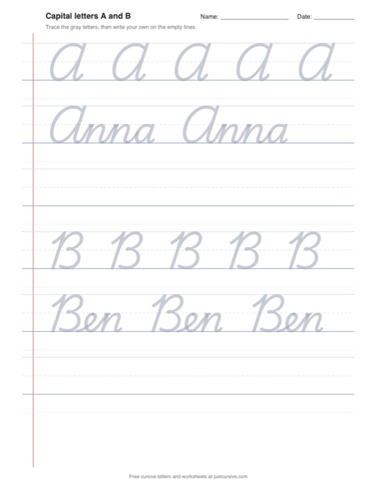 Workbook page: capital A and B with names
