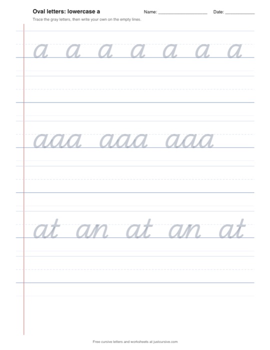 Workbook page: lowercase a to trace and copy