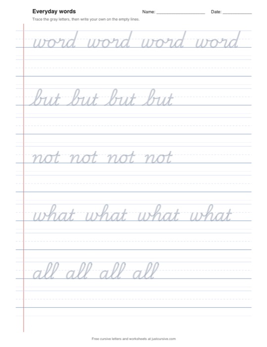 Workbook page: everyday words to trace