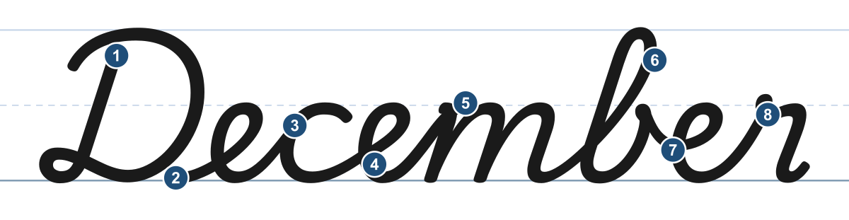December in cursive with a numbered starting point for each letter