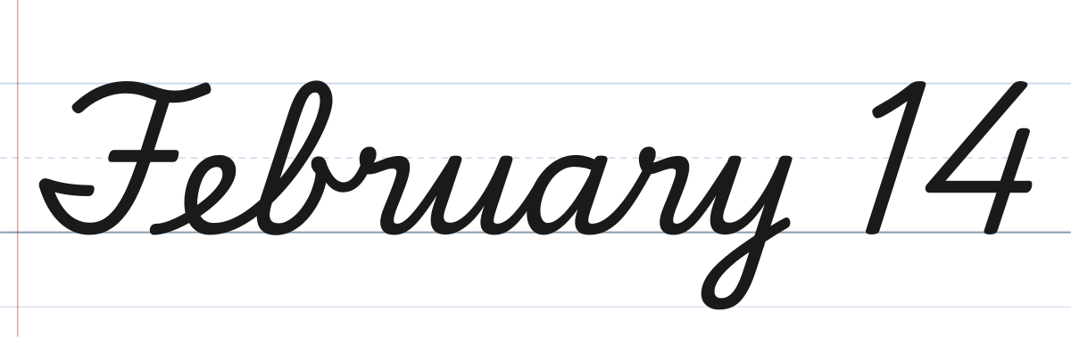 February 14 in cursive, a date line written in traditional school cursive