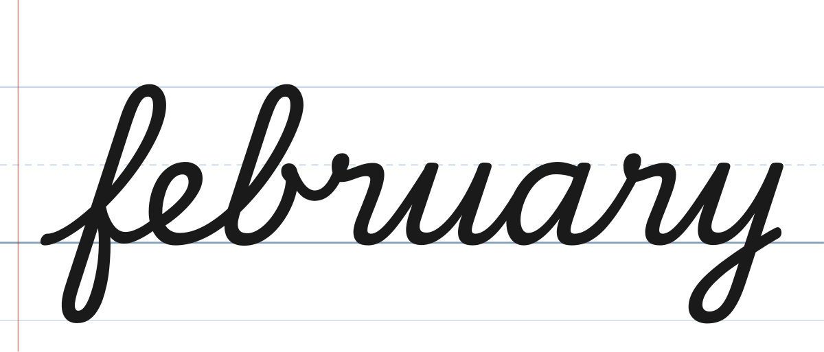 february in cursive with a lowercase f, written in traditional school cursive on ruled paper