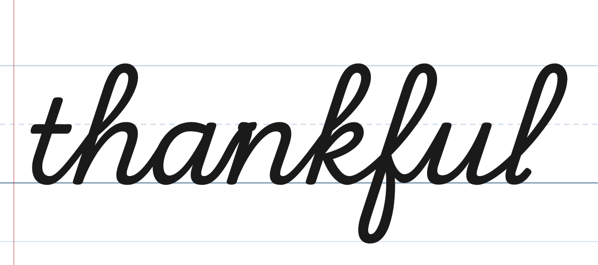 thankful in cursive in lowercase letters, written in traditional school cursive on ruled paper