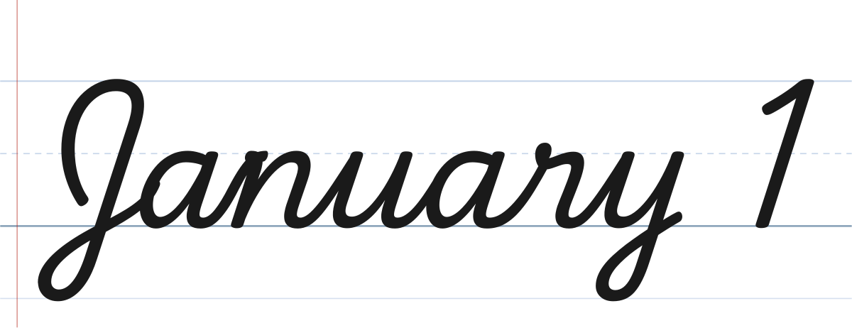 January 1 in cursive, a date line written in traditional school cursive
