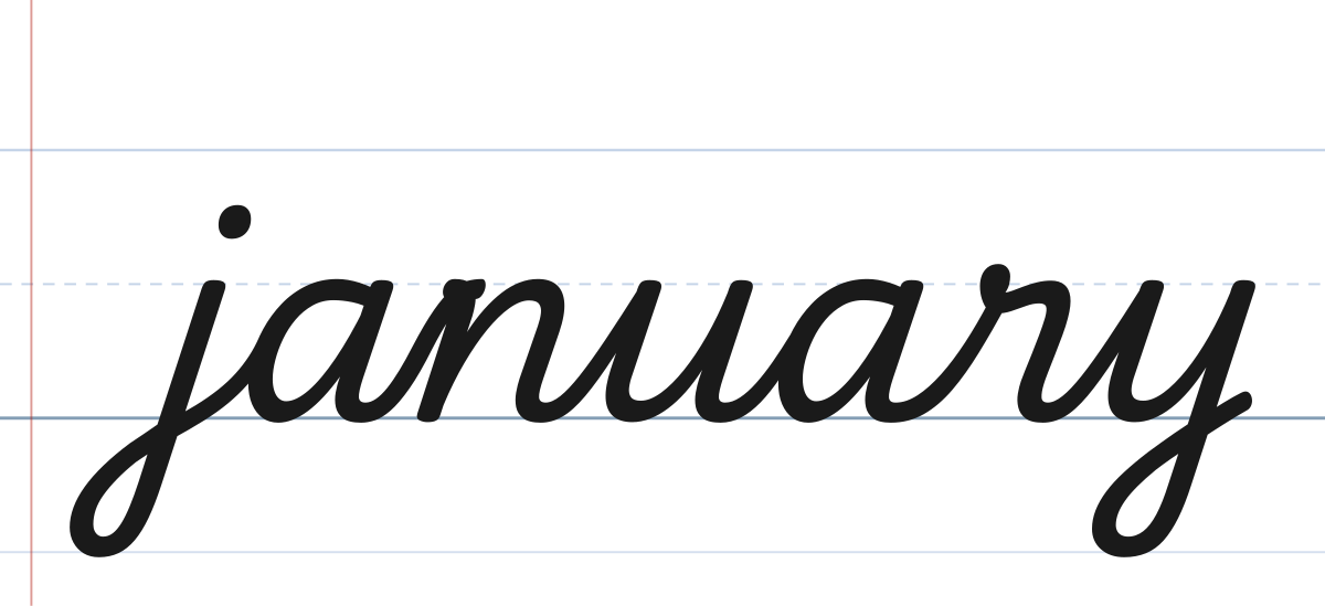 january in cursive with a lowercase j, written in traditional school cursive on ruled paper
